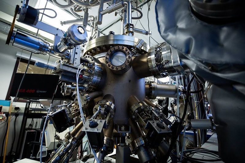 A molecular-beam epitaxy (MBE) system in the Goldman Group MBE Laboratory